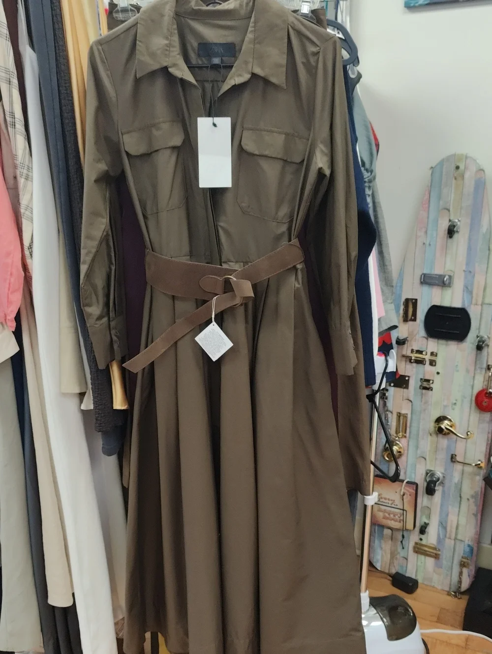 Zara Brown Long-Sleeve Belted Shirt Dress - Picture 1 of 9